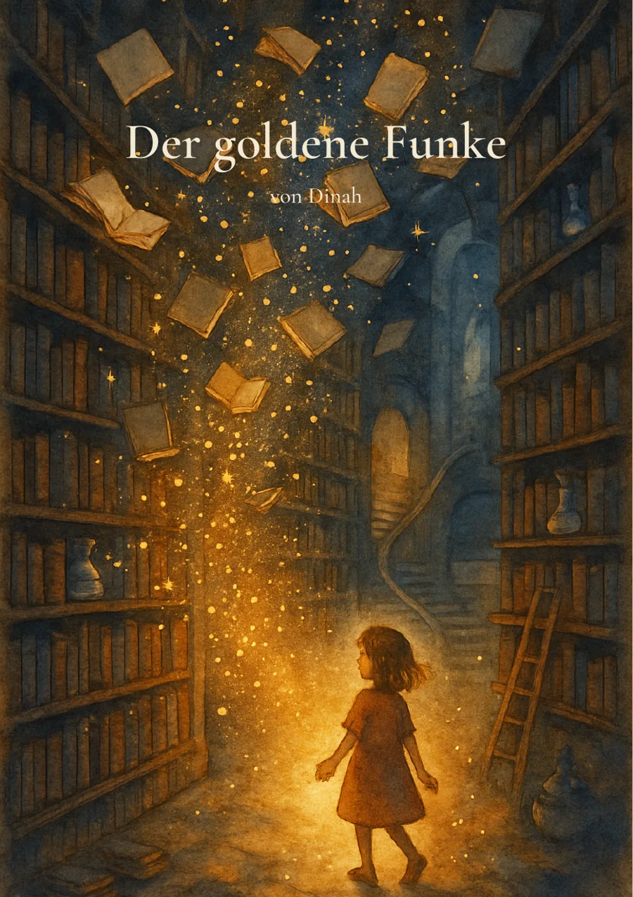 Beispielbuch „Der goldene Funke“ – Seite 1 (Cover): ein Kind in einer verwunschenen Bibliothek voller schwebender Bücher und goldener Funken