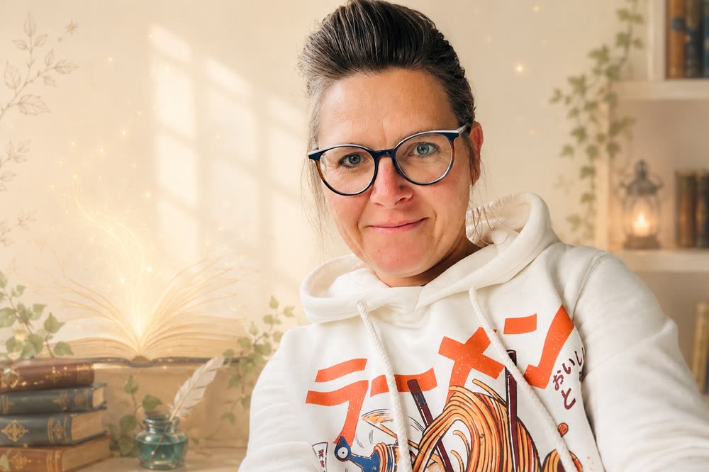 Dinah, Gründerin von Erzählfunke, in ihrer Schreibecke