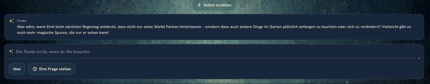 Der Funke in der App stellt eine Frage als Impuls, statt die Geschichte zu schreiben