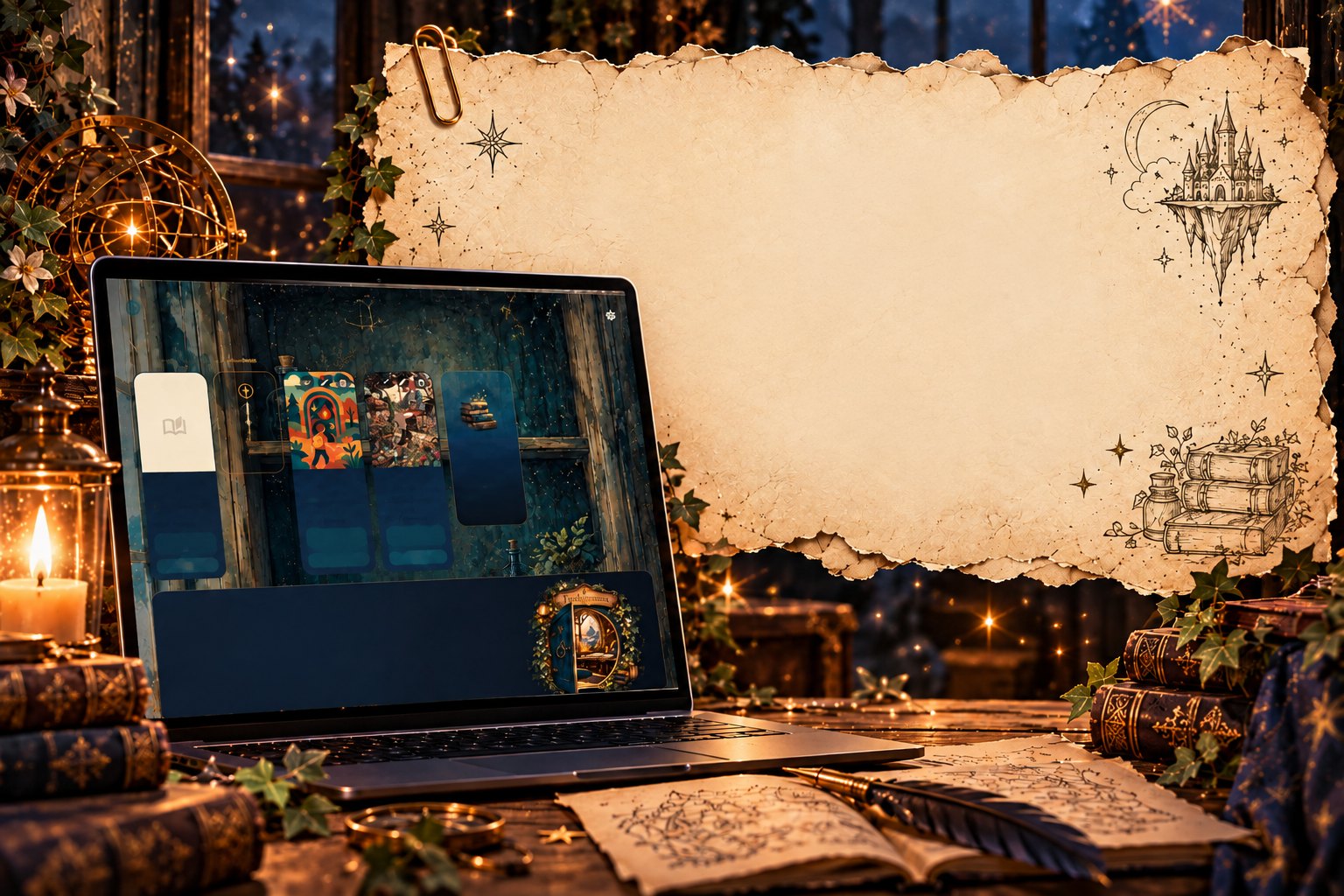 Verträumter Schreibtisch bei Nacht mit der Erzählfunke-App auf einem Laptop.