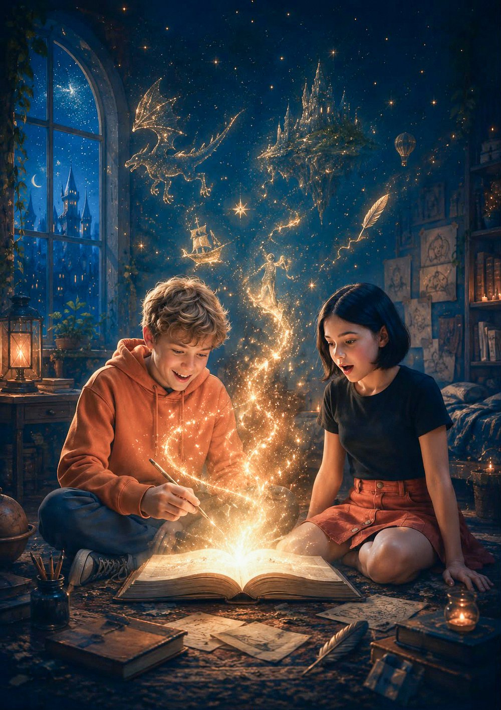 Zwei Kinder schreiben gemeinsam an einem leuchtenden Buch