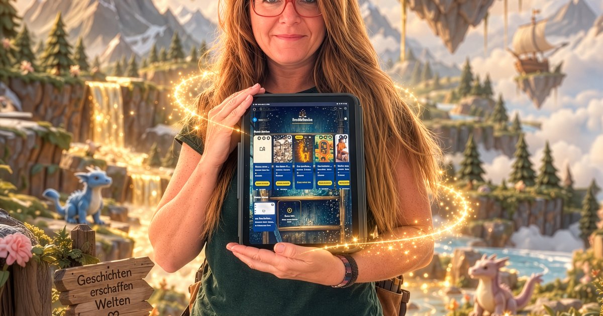 Dinah hält ein Tablet mit der Erzählfunke-App in einer leuchtenden Fantasiewelt
