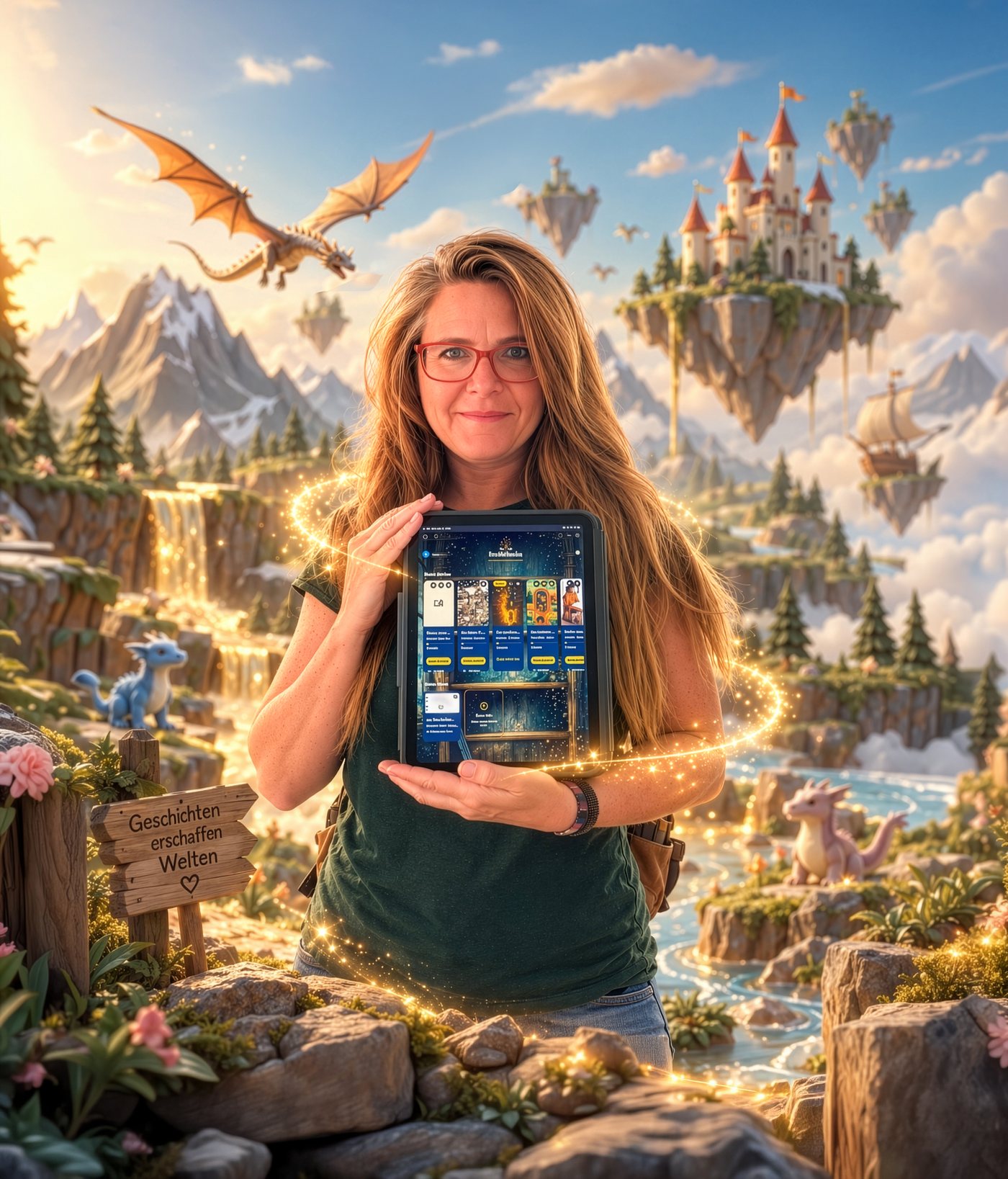 Dinah, Gründerin von Erzählfunke, hält ein Tablet mit der App in einer leuchtenden Fantasiewelt