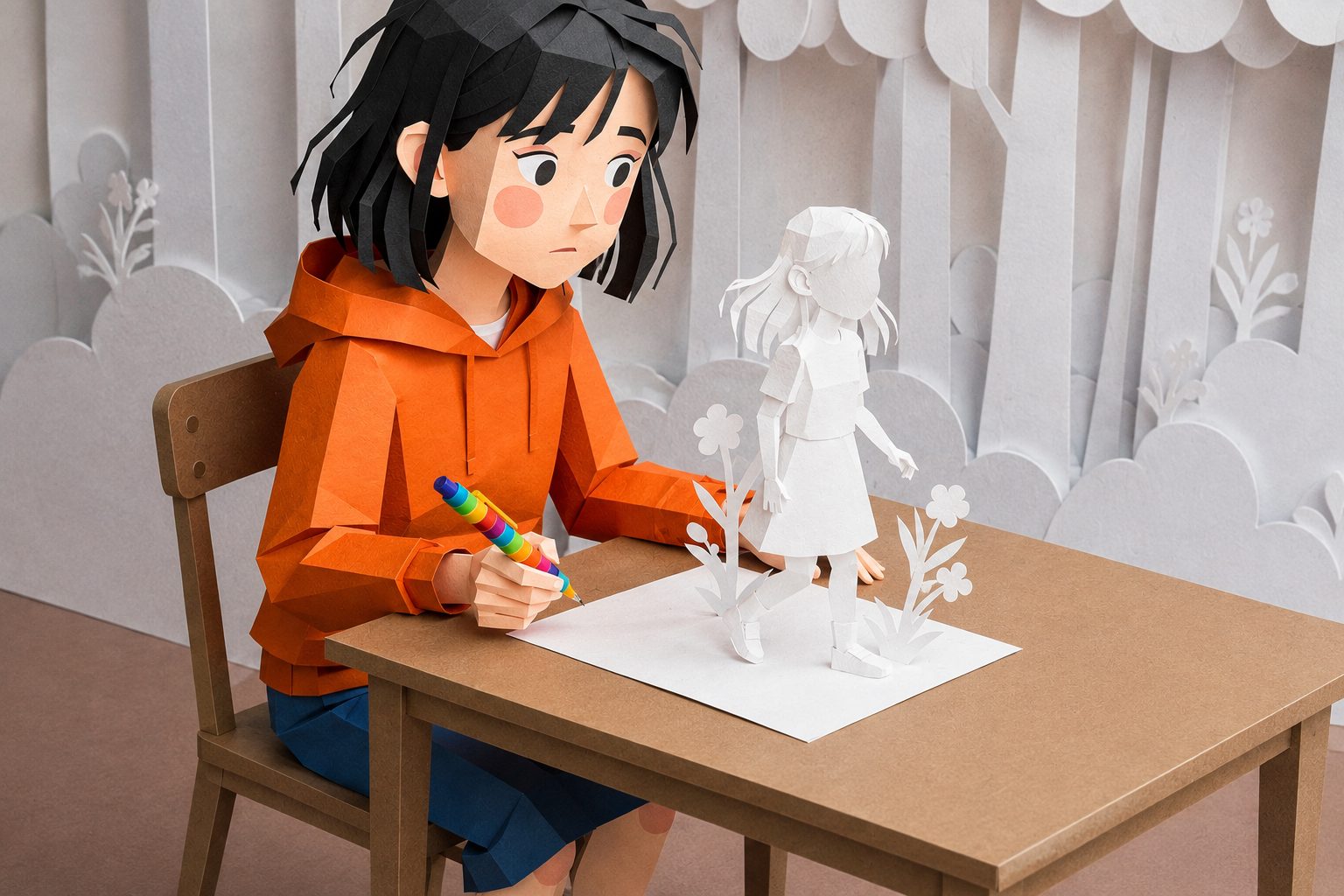 Kind schreibt am Tisch – Papierkunst-Illustration