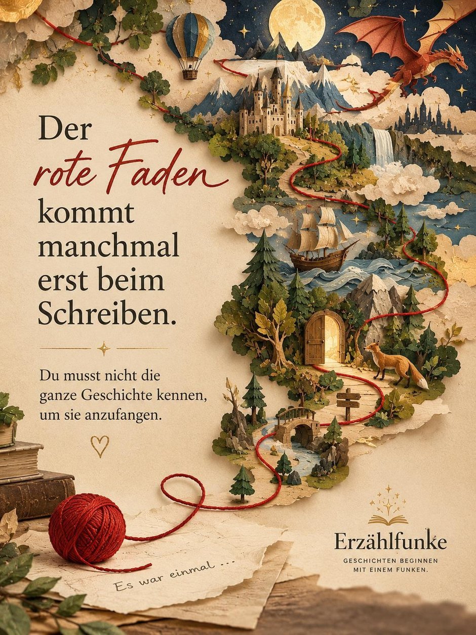 Illustration: Der rote Faden einer Geschichte schlängelt sich durch eine Fantasiewelt – man muss nicht die ganze Geschichte kennen, um sie anzufangen